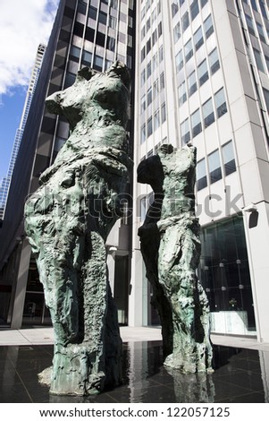 Modern sculptures standing on a street of Manhattan (New York City).