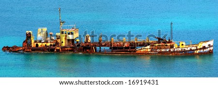 The panoramic view of the sunken ship near Marigot town, St.Martin island.