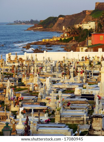 The cemetery by the sea filled with sunset light (San Juan, Puerto Rico).
