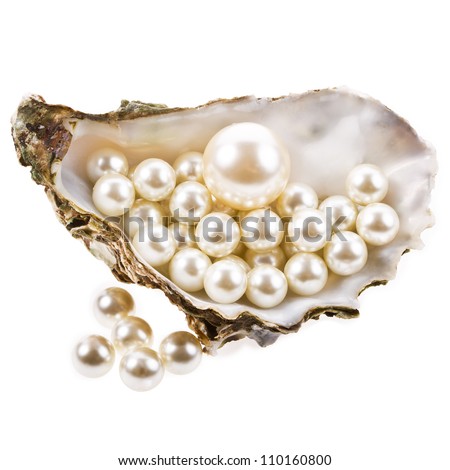 Big Pearl In An Oyster Shell And Small Pearls , Isolated On A White ...