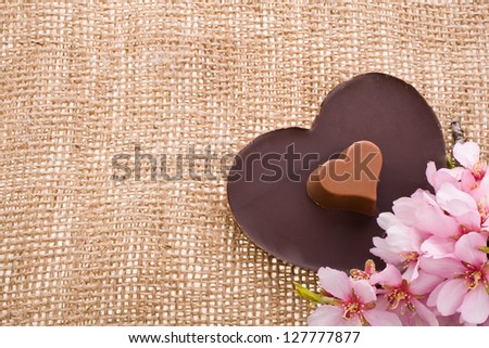 greeting card for Valentine\'s Day with chocolate heart symbol  and blossom almond with needle on fabric sack texture background