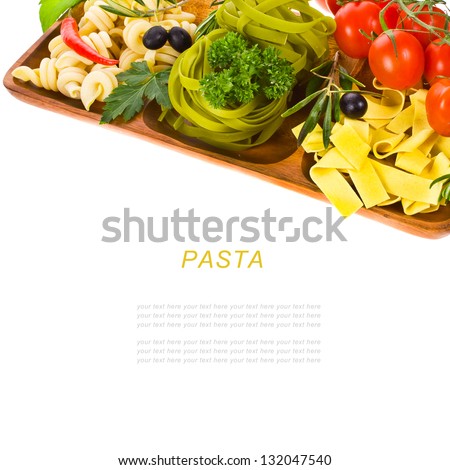 Italian pasta collection in wooden box decorated with tomatoes and herbs isolated on black background  with sample text