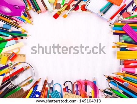 Back to school concept Photo of Items for school student gear  over white Corrugated cardboard background -