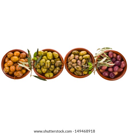 Similar – Image, Stock Photo Olives. A variety of green, black and red olives, with leaves, shot from the top with a place for text