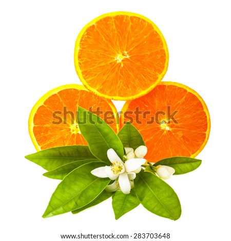 citrus fruit - orange , cut off from the side, decorated with flowers and leaves isolated on white background