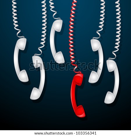 illustration of hanging red telephone receiver among white receivers