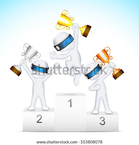 illustration of 3d man in vector fully scalable holding trophy on victory podium