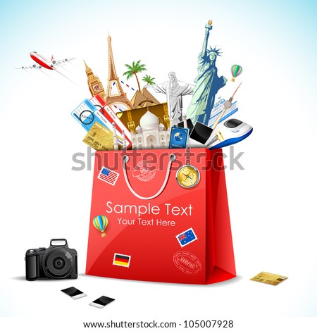 illustration of shopping bag full of famous monument with air ticket and airplane flying