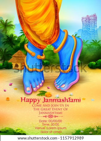 illustration of feet of Lord Krishna in Happy Janmashtami festival background of India