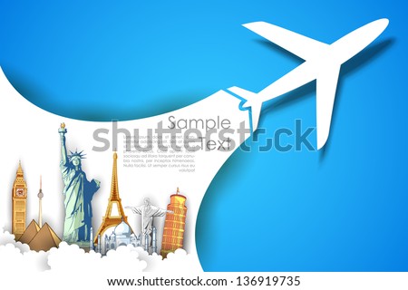 illustration of airplane flying in travel background with monument