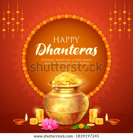 illustration of Gold coin in pot for Dhantera celebration on Happy Diwali light festival of India background