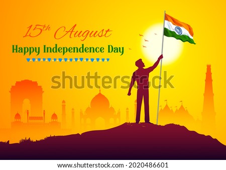 illustration of abstract tricolor banner with man holding Indian flag for 15th August Happy Independence Day of India