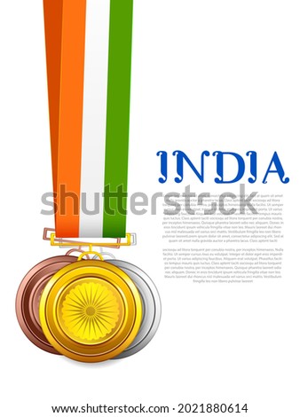 illustration of set of gold,silver and bronze medal with Tricolor flag of India background for Independence Day