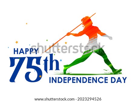 illustration of Indian Javelin Thrower on tricolor banner with Indian flag for 75th Independence Day of India on 15th August