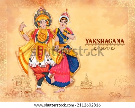 illustration of couple performing Yakshagana dance traditional folk dance of Karnataka, India