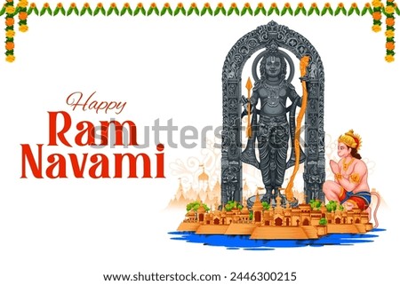 illustration of Lord Rama with bow arrow with Hindi text meaning Shree Ram Navami celebration background for religious holiday of India