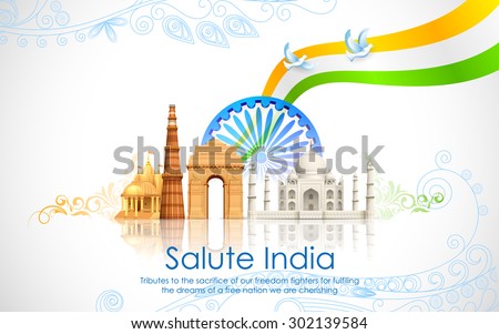 illustration of wavy Indian flag with monument