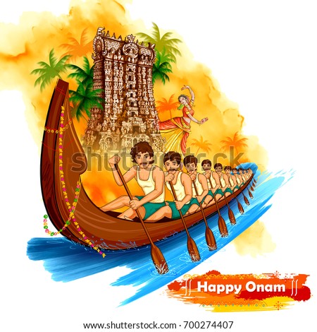 illustration of Meenakshi temple backdrop Snakeboat race in Onam celebration background for Happy Onam festival of South India Kerala