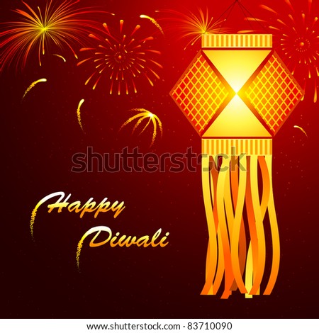 illustration of hanging kandil with firework in diwali night
