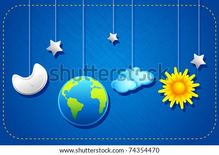 illustration of hanging sun,moon,earth and stars