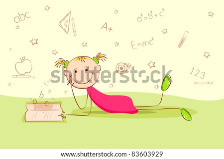 illustration of kid laying on floor and thinking about different education object