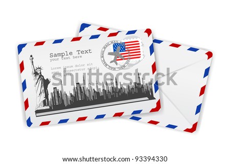 illustration of Statue of Liberty on envelope with American stamp