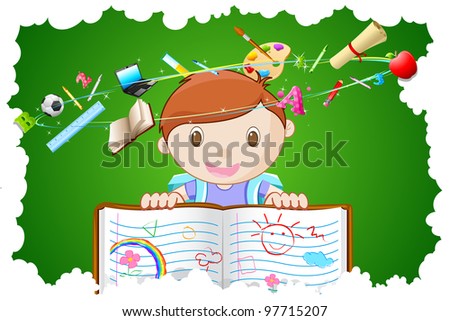 illustration of kid holding notebook with different education object