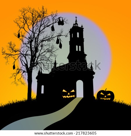 Halloween night,  silhouette of church and black dead tree with bat on the moon background,useful for some Halloween concept