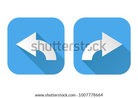 Right and left curved arrows. Square blue signs. Vector illustration isolated o white background