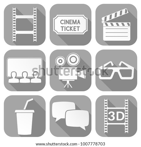 Cinema icons set. Square gray signs with movie theater symbols. Vector illustration