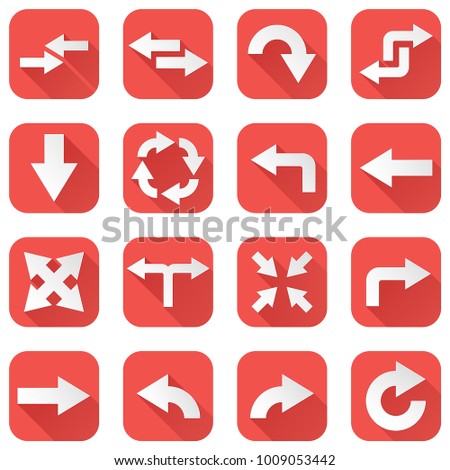 Arrows set. Collection of square red icons with arrow symbols. Vector illustration isolated on white background