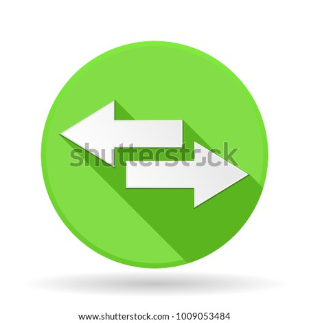 Arrows icon. Green round sign with shadow. Left and right combo arrows. Vector illustration isolated on white background