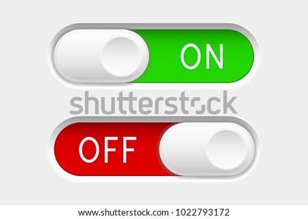 On and Off slider buttons. Red and green switch interface buttons. Vector 3d illustration