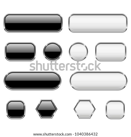 White and black buttons. Glass 3d icons with chrome frame. Vector illustration isolated on white background