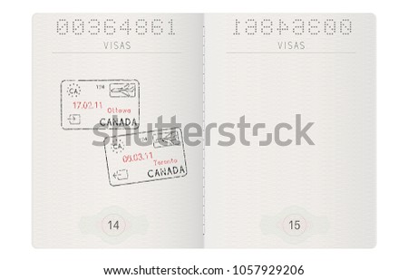 Passport pages. With stamp of Ottawa and Toronto, Canada. Vector 3d illustration