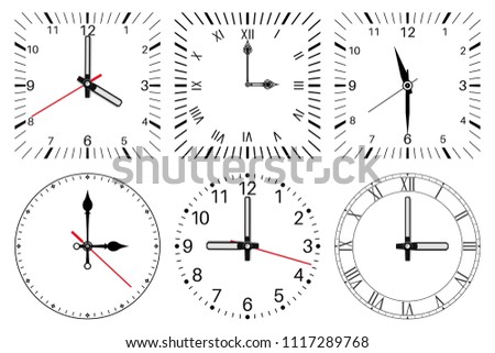 Clock face. Round and square set. Vector illustration isolated on white background 