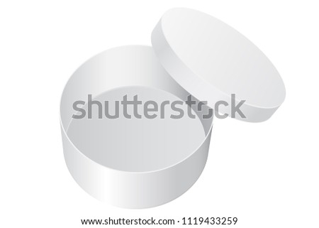 Round gift box. White blank open package. Vector 3d illustration isolated on white background