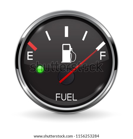 Fuel gauge. Full tank. Round black car dashboard 3d device with chrome frame. Vector illustration isolated on white background