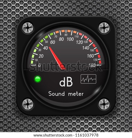 Volume unit meter. Decibel gauge. Sound audio equipment on metal perforated background. Vector 3d illustration