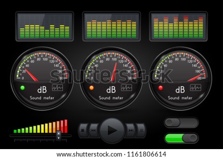 Decibel sound meter with equalizer and buttons. Black user interface. Vector 3d illustration