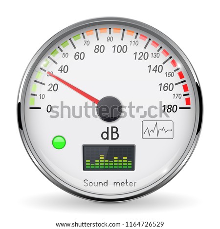 Decibel gauge. Volume unit on low level. Glass gauge with chrome frame. Vector 3d illustration isolated on white background