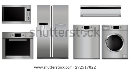 Home appliances. Set of household kitchen devices: Microwave and electric Oven, Dishwasher, refrigerator, split-system, washing machine . Isolated on white background. Raster version