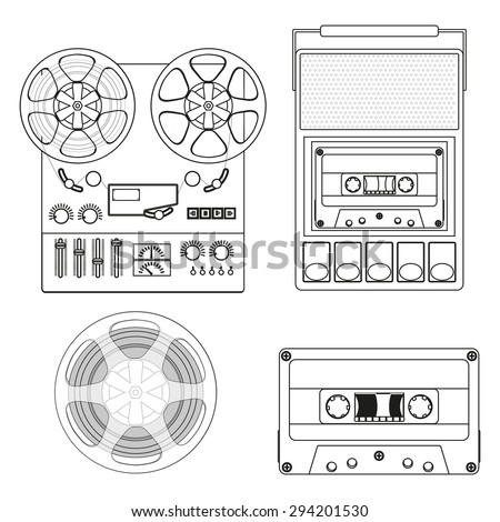 Retro audio set: Retro Cassette Tape player and audio tape recorder. Illustration isolated on white background. Raster version