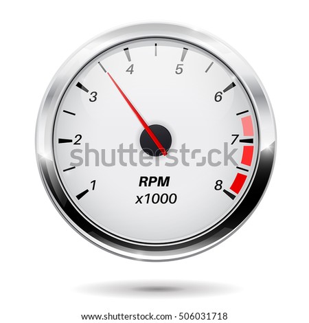 Tachometer. Round gauge with chrome frame. Vector illustration isolated on white background