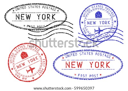 New York mail stamps collection. Faded colored impress. Vector illustration isolated on white background