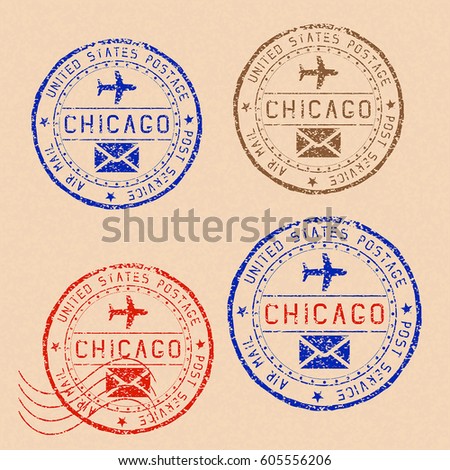 Collection of CHICAGO postal stamps partially faded on beige paper background. Vector illustration