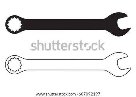 Wrench. White outline icon. Vector illustration on blueprint background