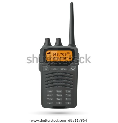 Radio transceiver. Black rectangle portable device with yellow screen and antenna. Vector 3d illustration isolated on white background