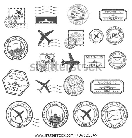 Post stamps. Set of black postmarks and travel Welcome stamps - Welcome to France. Vector illustration isolated on white background