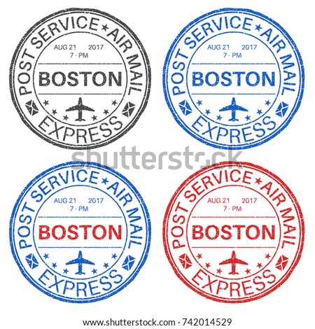 BOSTON postmarks. Set of colored ink stamps. Vector illustration isolated on white background